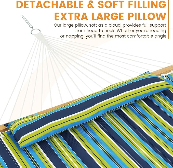 Lazy Daze Hammocks 12 FT Quilted Fabric Double Hammock with Spreader Bars and Detachable Pillow, 450lbs Weight Capacity, Blue Green Stripes