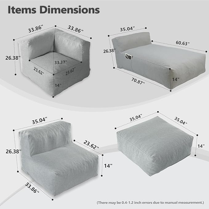 Patio Furniture Set, 9 Pcs Outdoor Conversation Set with Bean Bag Middle Chairs, Corner Chair, Ottomans, Modern Foam Couch Set for Garden, Deck, Balcony (9, Light Gray)