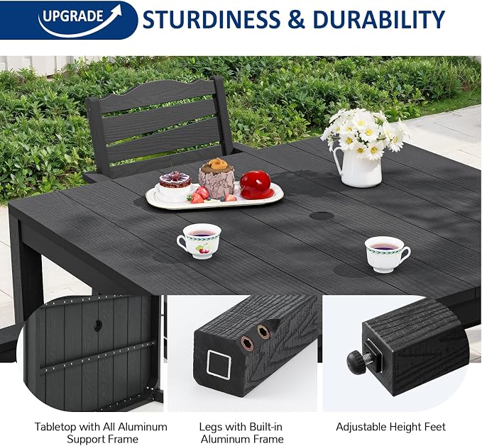 5-Piece Patio Dining Sets, Outdoor Dining Table w/Aluminum Frame and 4 Chairs, Weatherproof HIPS Dining Furniture Set with Umbrella Hole, for Backyard, Garden, Lawn, and Poolside, Black
