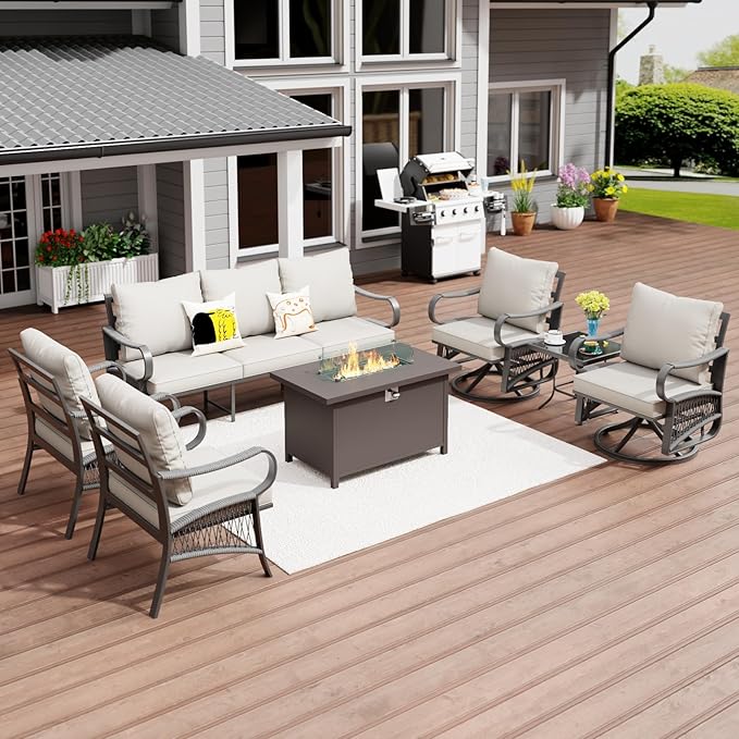 7 Piece Patio Furniture Set, All Weather Metal Outdoor Conversation Set with 50000 BTU Propane Fire Pit Table and 5" Thick Cushions, Sectional Sofa for Garden, Porch, Lawn, Beige