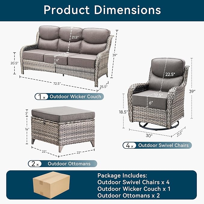 Luxury High Back Outdoor Furniture with 6-Inch Thick Cushions, Patio Furniture Set with Swivel Chairs, 7 PCS Wicker Conversation Set for Porch, Balcony, Deck and Yard