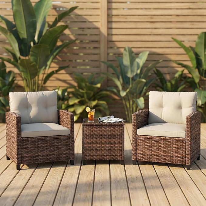 Garvee 3 Piece PE Rattan Patio Furniture Set, Outdoor Chairs and Table Set with Tempered Glass Tabletop and Cushions, Patio Conversation Set for Patio, Balcony, Poolside, Brown and Beige