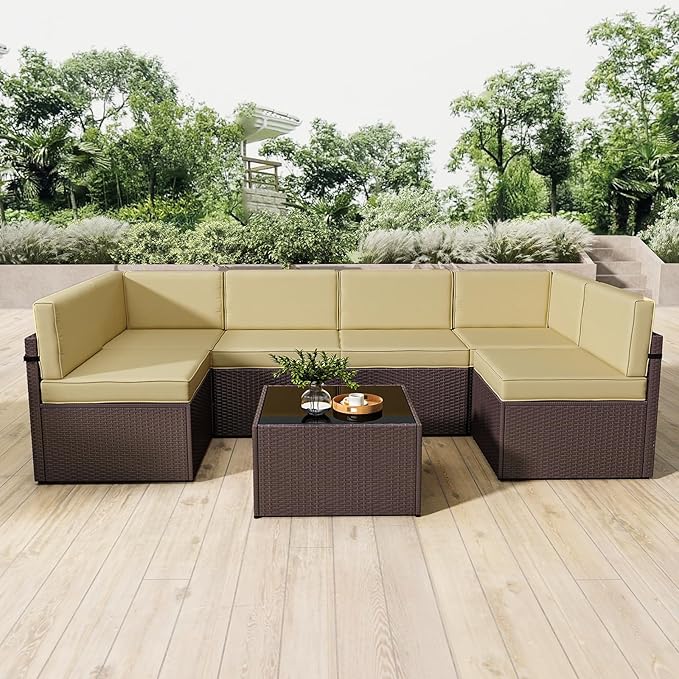 kinbor 7 Piece Outdoor Furniture Set - Waterproof Brown PE Wicker Patio Sofa with Cushions for Backyard, Poolside & Porch, Khaki