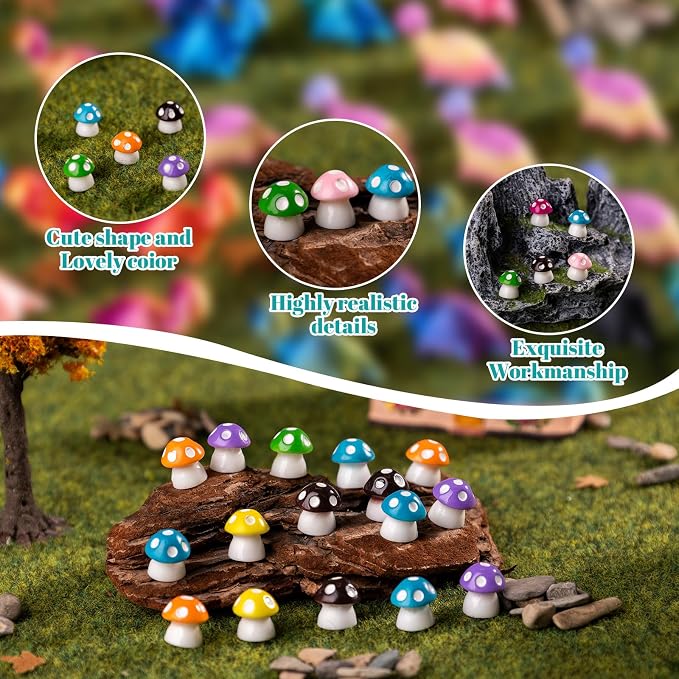 80P Mini Mushrooms, Tiny Resin Mushroom Figurines Small Little Resin in Bulk for Miniature Landscape Aquarium Potted Fairy Garden Home Decor Accessories Party Favors Gifts