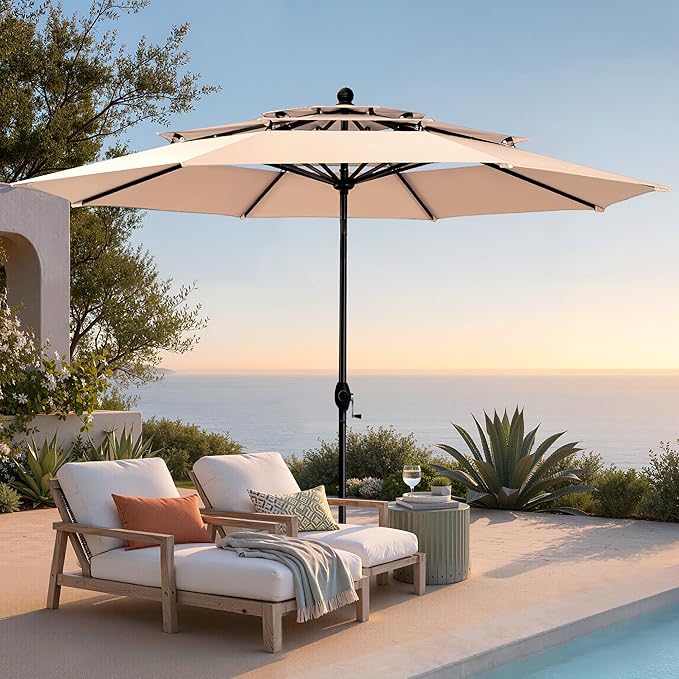 PHI VILLA 10ft Patio Umbrellas, Outdoor 3 Tier Vented Large Market Table Umbrella with 8 Sturdy Ribs and 1.5" Umbrellla Pole for Lawn Poolside Garden Terrace, Beige(No Base)