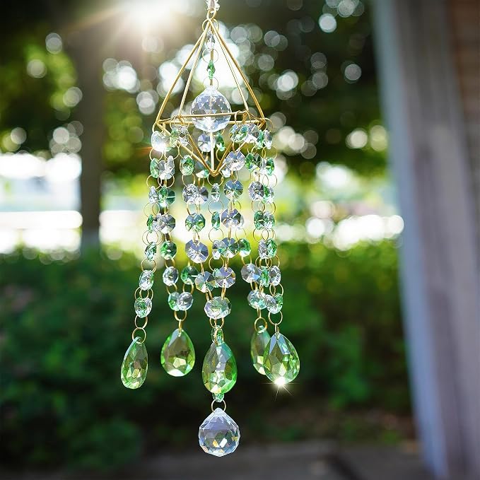 Crystal Suncatcher Glass Wind Chimes Style Sun Catchers Indoor Window | Hand-plated,Rainbow Prisms Suncatcher For Window Hanging,Whimsical Decor Home Garden Birthday Christmas Gift (21.5inch,Green)