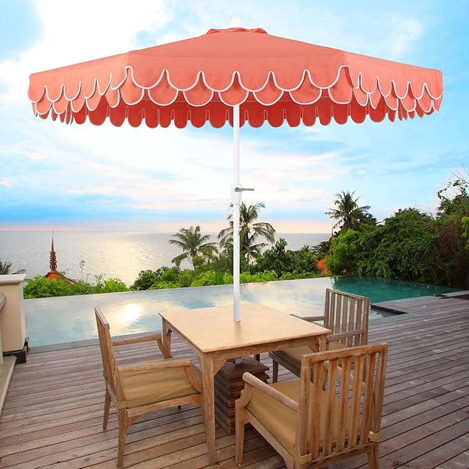 JONATHAN Y Tracy 9 ft. Outdoor Patio Umbrella with Scalloped Edge, Coastal Market Table Umbrella with Crank Lift and Tilt, 8 Sturdy Ribs UV Resistant for Pool, Coral Red, White Pole UMB1002F