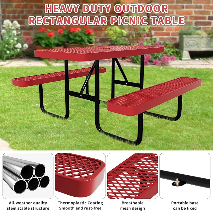 Picnic Tables for Outdoors,Commercial Metal Picnic Table Bench Set with Umbrella Hole,School Canteen Tables W/Seats - Heavy Duty Sturdy Picnic Tables Furniture for Patio Garden (Red, 6FT)