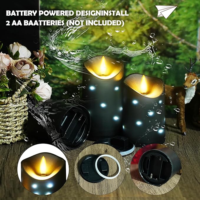kakoya Outdoor Waterproof Flickering Flameless Candles with Embedded Star String,3Pcs LED Pillar Candles Battery Operated with Remote and Timers for Courtyard,Porch,Camping,Holiday Decoration(Black)