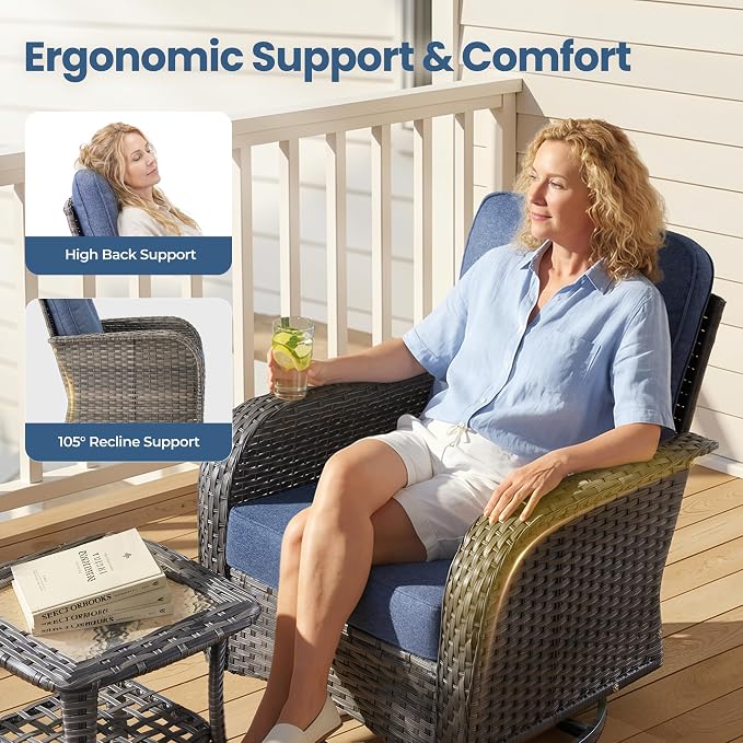 7 Piece Wicker Patio Furniture Set with Swivel Rocker Chairs, Blue | High Back Rocking Chair Sofa, Heavy Duty All Weather Rattan Outdoor Conversation Set, Thick Cushion, Balcony Porch Backyard