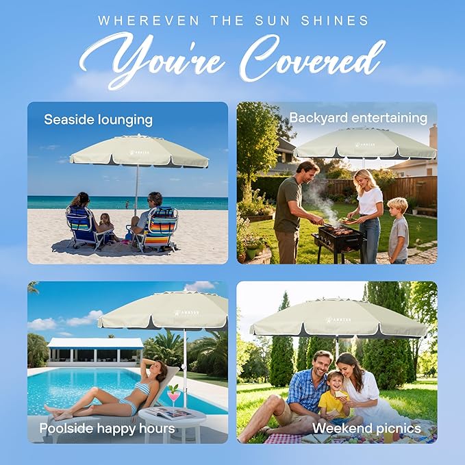 AMMSUN 8 Feet Large Beach Umbrella with Sand Anchor Heavy Duty High Wind Portable Outdoor Umbrellas UV 50+ Protection Air Vent Tilt Patio Garden Pool