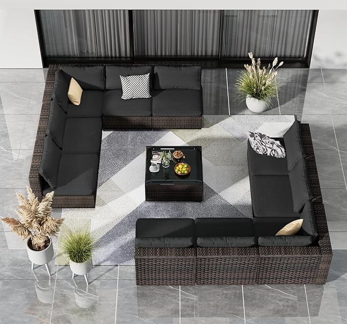 11 Piece Patio Furniture Set All Weather PE Rattan Outdoor Sectional Sofa Couch with No-Slip Cushions and Glass Top Table for Garden, Poolside, Backyard (Black)