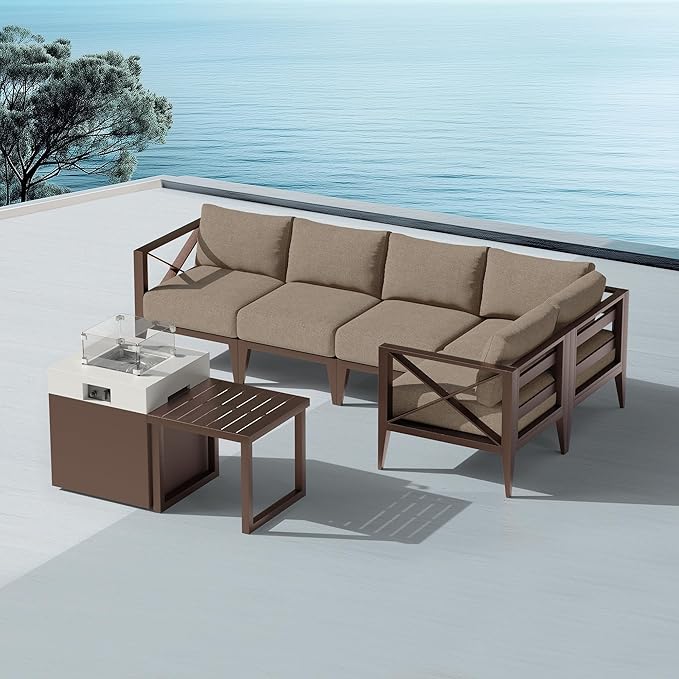 MBY 5-Seat Aluminum Patio Conversation Set with Corner Sofa & 37,000 BTU Fire Pit Table, All-Weather Outdoor Sectional Furniture with Glass Wind Guard – Brown for Balcony, Backyard, Garden