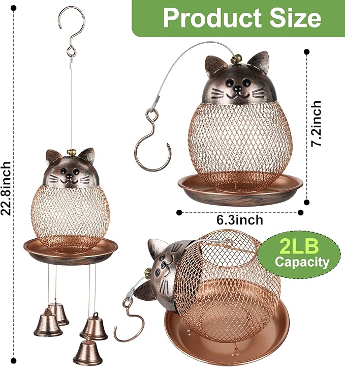 LBTING Bird Feeder for Outside, Cute Cat-Shaped Wind Chimes Bird Feeder, Metal Wild Bird Feeder Decoration for Hanging Outdoor Garden Yard