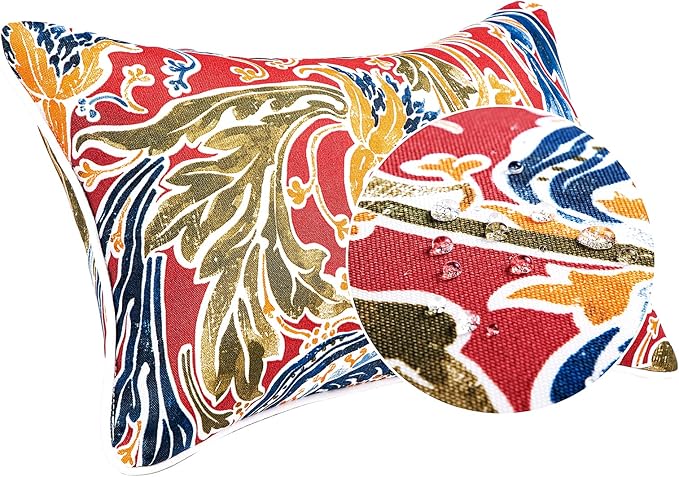 JMGBird Water-Resistant Outdoor Pillows Set of 2, 12x20 inch Durable Red with Pomegranate Flower Pattern Throw Pillows with Inserts for Patio Furniture