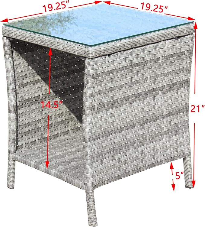 Outdoor Wicker Side Table, 19.25" Patio End Table with Storage & Tempered Glass Top, PE Rattan Coffee Table for Backyard Balcony Garden Lawn, 120 lbs Capacity, Grey