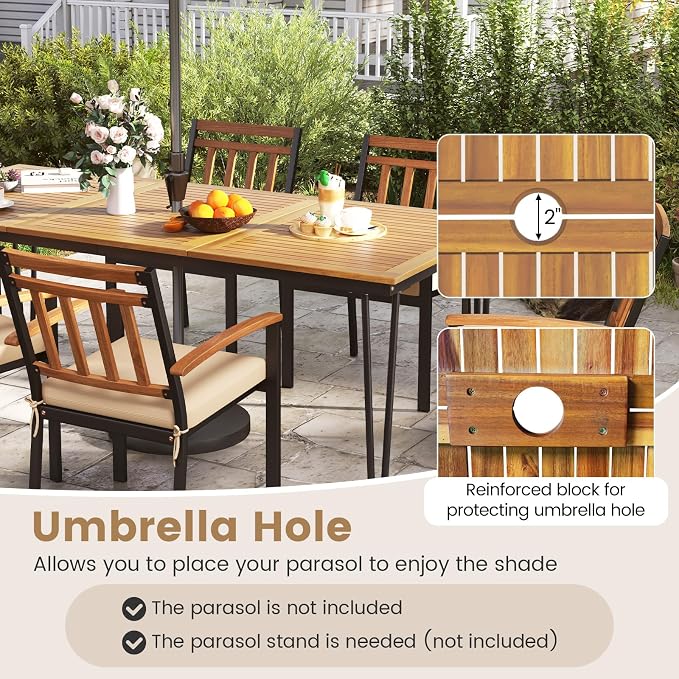 HAPPYGRILL Patio Dining Table for 8, 79" Rectangle Table with Acacia Wood Tabletop & Heavy Duty Metal Frame, Outdoor Dining Table with 2" Umbrella Hole for Backyard, Lawn & Garden