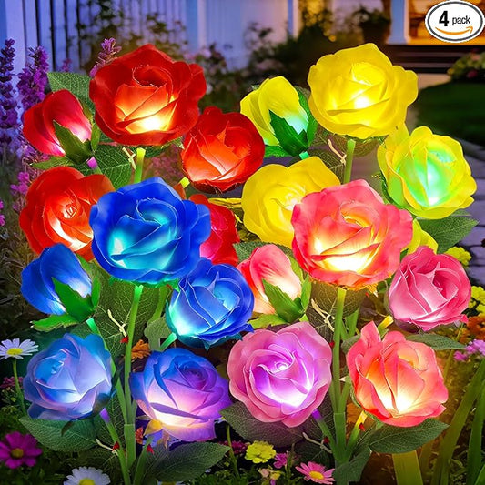 ANGMLN 4 Pack Solar Garden Lights, Solar Flower Lights Outdoor Waterproof with 20 Head Rose 7-Color Changing Landscape Light for Garden Yard Pathway Patio Grave Cemetery Decoration