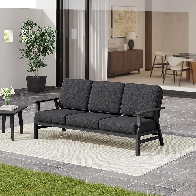 3 Pieces Patio Furniture Sets, Black Wood Outdoor Sectional Furniture with Coffee Table, 5 Seats Patio Sofa Couch Conversation Set for Backyard Deck - Dark Gray