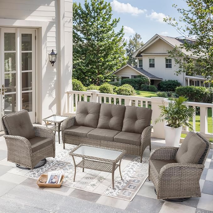 5 Pieces Wicker Patio Furniture Set-Outdoor Swivel Rocker Patio Chairs Patio Sofa Set with Tempered Glass Top Outdoor Coffee Table for Deck Lawn Porch Balcony Poolside-Grey/Grey