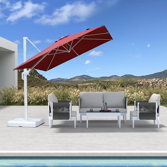 PURPLE LEAF 8 FT Patio Umbrella White Cantilever Umbrella Aluminum Square Outdoor Offset Umbrella Hanging Windproof with 360° Rotation for Garden Deck Pool, Red
