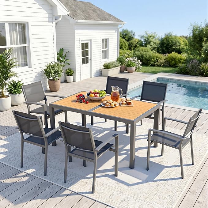 Patio Table and Chairs Set for 6, Outdoor Patio Furniture Set with Aluminum Table and Metal Textilene Chairs, All-Weather Outdoor Dining Set with HDPS Rectangular Tabletop for Garden Porch