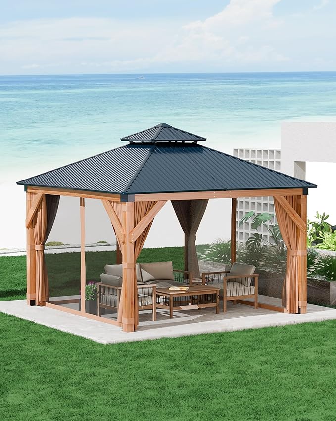10'x10' Hardtop Wood Gazebo, Cedar Frame Outdoor Pavilion with Double Galvanized Steel Roof, Curtains and Netting Included, Ceiling Hook for Patio Backyard Deck Lawn Garden
