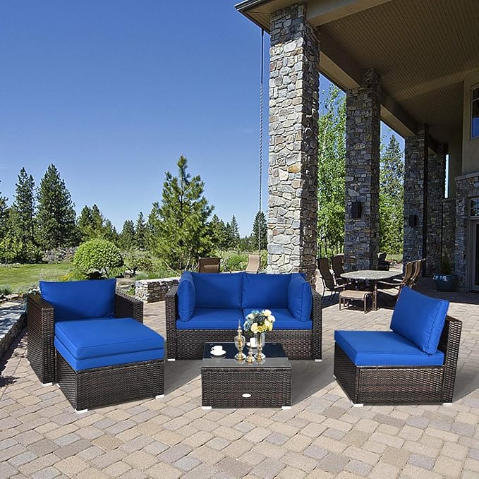 HAPPYGRILL 6-Pieces Patio Conversation Set Outdoor Rattan Wicker Furniture Set, Sectional Sofa Set with Glass Coffee Table Top, Ottoman, Cushions for Backyard Couch Garden Poolside Balcony