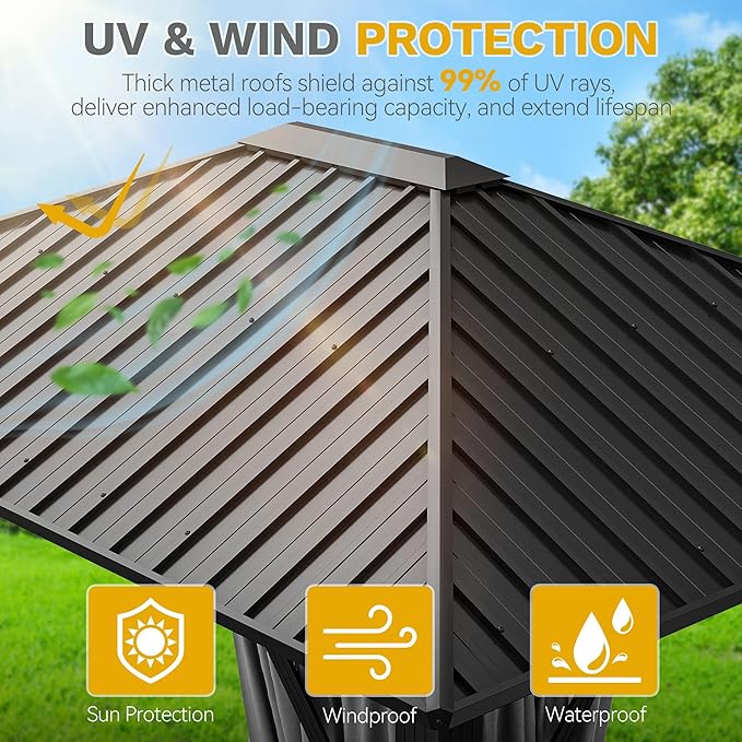 DWVO 10x12ft Gazebo Hardtop Heavy Duty Canopy with Nettings and Curtains, Galvanized Steel Outdoor Vertical Stripes Roof for Patio, Backyard, Deck, Lawns, Gray
