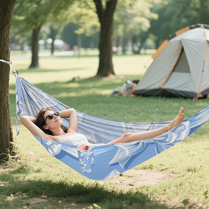 Blue and White Simple Bow 330lb Capacity Outdoor Hammocks Tree Hammock for Outside Camping Essentials hamaca con Base para adultos
