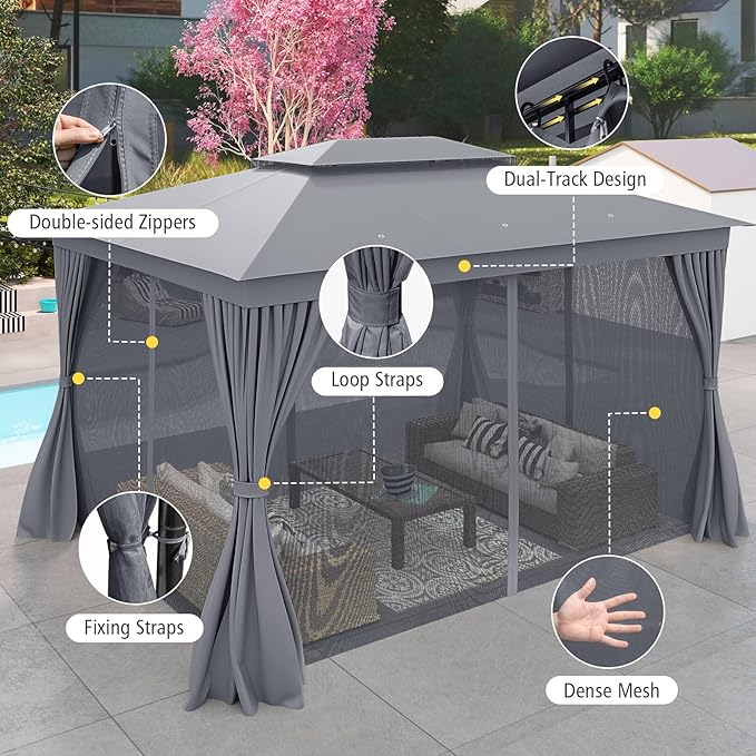 LAUSAINT HOME Patio Gazebo 10'x13', with 50ft Lights Outdoor Heavy Duty Party Tent Shelter with Double Roofs, Mosquito Nettings and Privacy Screens for Backyard, Garden, Lawn, Gray