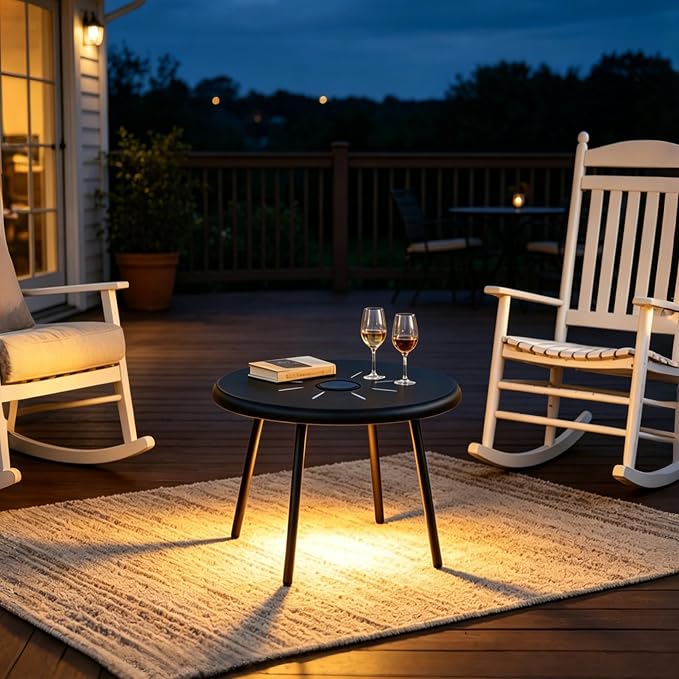 Meluvici Outdoor Side Table, 19.7" Round Solar Coffee Table with LED Lights, Waterproof Metal Patio End Table for Garden, Backyard, Balcony, Deck, Patio Furniture