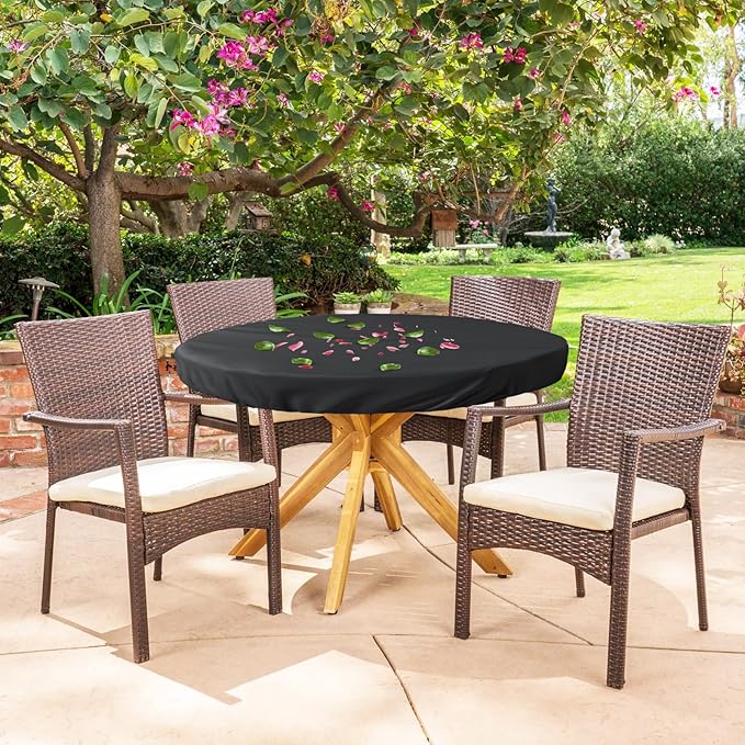 Outdoor Round Table Cover Waterproof UV-Resistant for 54 Inch Diameter Patio Tables - Heavy Duty Weatherproof Table Top Protector with Elastic Hem (Black)