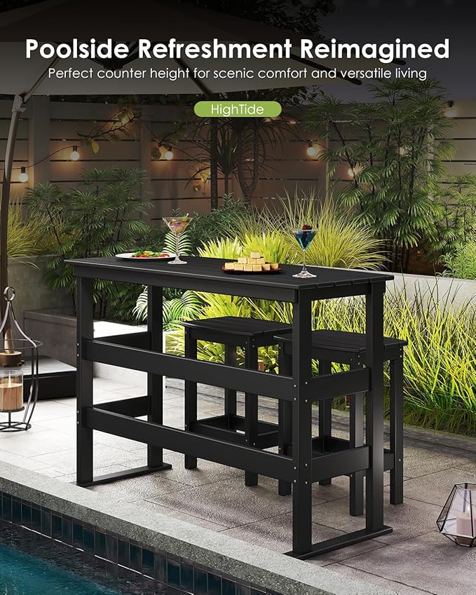 GREENVINES Outdoor-Bar-Set | HDPE Plastic | 3-Piece | 37″ Counter Height Patio Table & 2 Backless Stools | Rectangle | High Top | All Weather | for Backyard Balcony Poolside | Black
