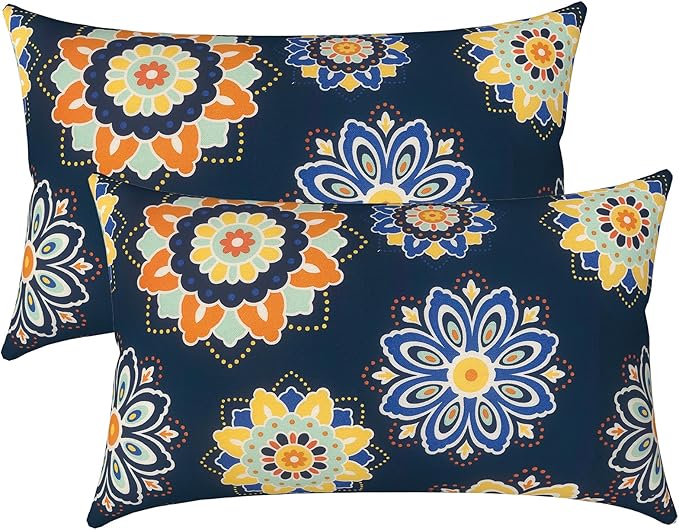 LVTLVTXIII 12×20 Inch Outdoor Lumbar Pillows, Pack of 2 Water Repellent Lumbar Pillow with Inserts, Fluffy Decorative Garden Lumbar Cushions for Home Patio Coach Sofa Use, Bloom Medallion‌ Cobalt