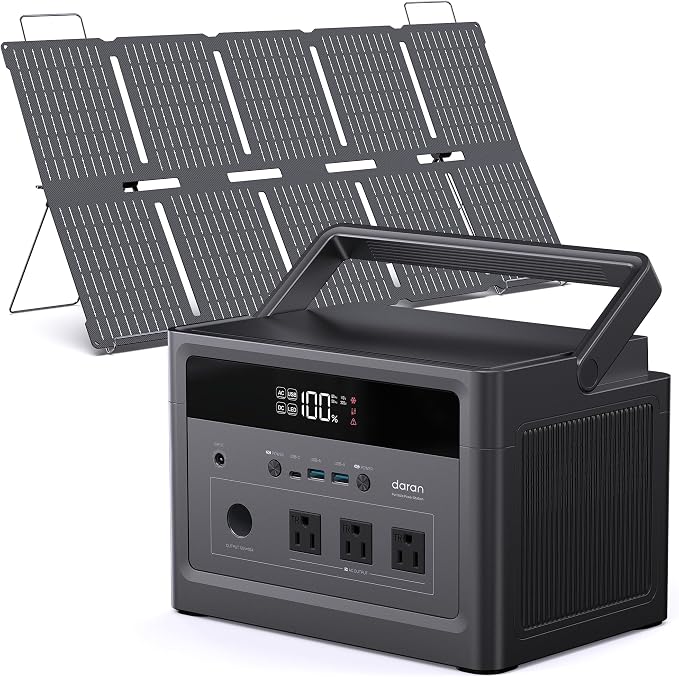DARAN Portable Power Station 600W (1200W Peak) 576Wh LiFePO4 battery with 100W Solar Panel, Fast Recharge AC/Car/Solar, 3 AC Outlets, USB-C PD for Camping, RV, CPAP, Emergency Backup