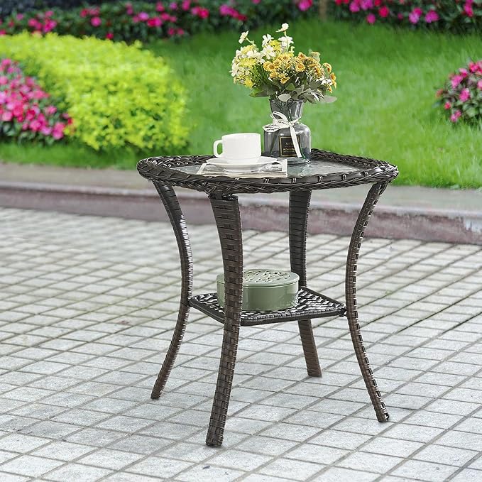 Belord Small Outdoor Side Table - Tempered Glass Wicker Table, Waterproof Patio Coffee Table Rattan End Table with Storage, Brown