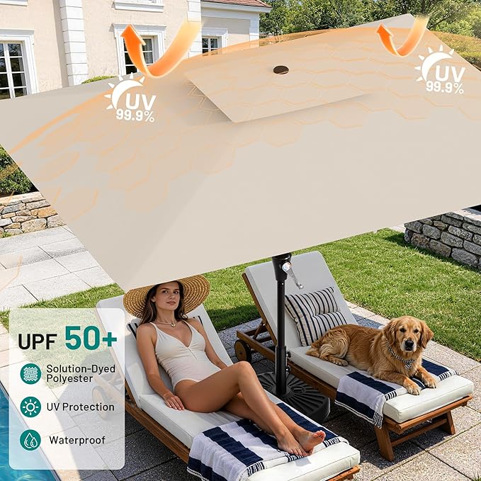 AreShark 8'x10' 2 Tiers Rectangular Patio Umbrella - Outdoor Umbrella Waterproof UV Protection, Market Table Umbrella w/Crank for Pool, Backyard, Deck(Ivory)
