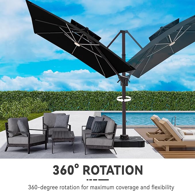 10x13 FT Cantilever Patio Umbrella with Base and Led Lights Double Top Outdoor Rectangular Large Heavy Duty Aluminum Offset Umbrellas with 7 Level Tilt 360-degree Rotation for Pool Garden Deck, Black