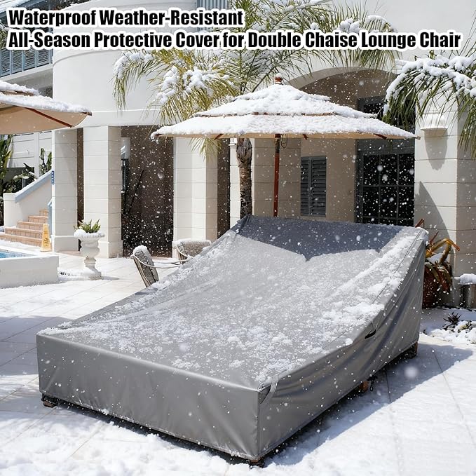 Double Lounge Chair Cover 100% Waterproof Outdoor Chaise Lounge Cover 600D Weather Resistant Material, UV Protection, Windproof Design Double Wide Patio Lounge Chairs Covers (Grey)