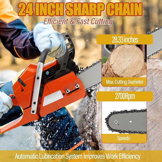 24Inch Gas Chainsaw, 65CC 2 Stroke Gas Powered Chainsaws Handheld Cordless Petrol Gasoline Chain Saw, w/Carburetor, Air Purification System for Wood Pruning, Tree Stump Trimming