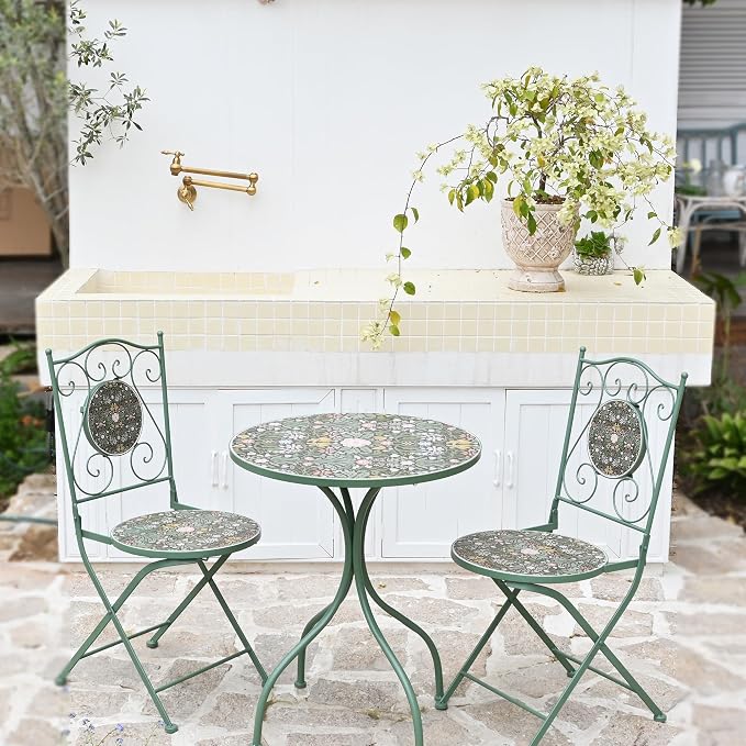 Rustic Outdoor Metal Side Table 24in Patio Bistro Mosaic Patterned Design Ceramic Tile Top Round Table Garden Furniture Dining Table for Yard Balcony Porch Poolside Terrace Decor
