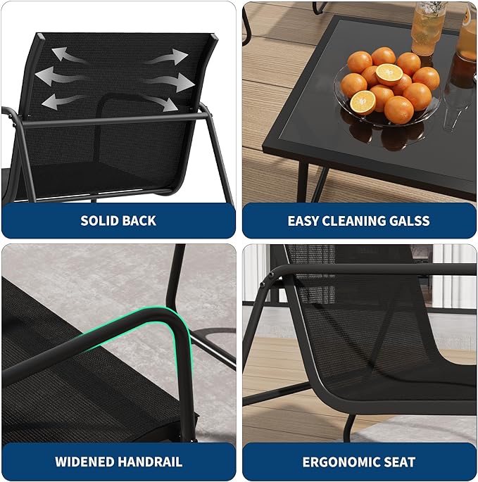GAOMON 4 Piece Patio Textilene Conversation Set with 2 Chairs and Love Seat, Outdoor Conversation Set with Single Chairs and Glass Top Coffee Table for Backyard Porch Lawn Balcony, Black