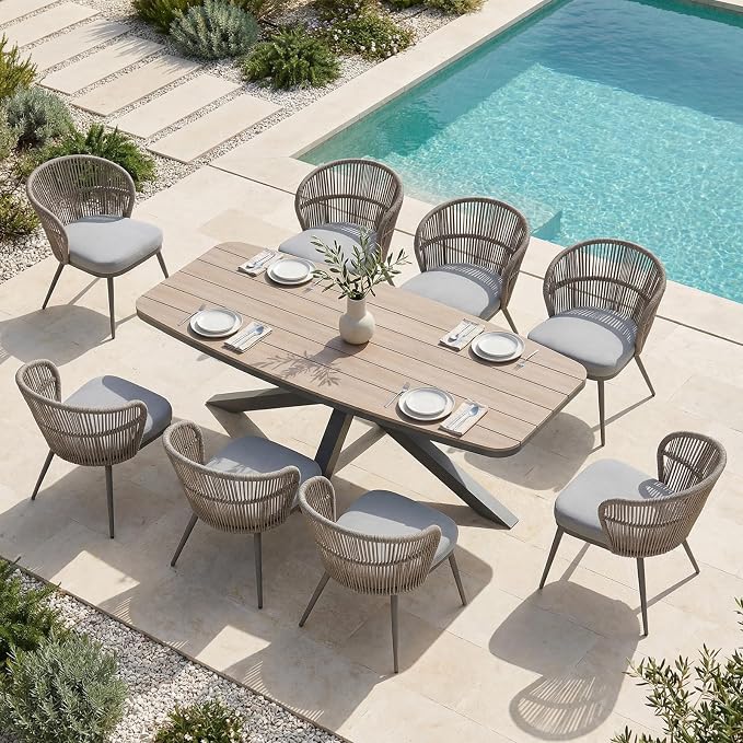 SUNSITT 9 Piece Outdoor Patio Dining Set, Patio Dining Furniture Set with 87” Aluminum Dining Table w/X Base Legs and 8 Woven Wicker Outdoor Patio Chairs w/Removable Cushions for Garden, Dark Grey