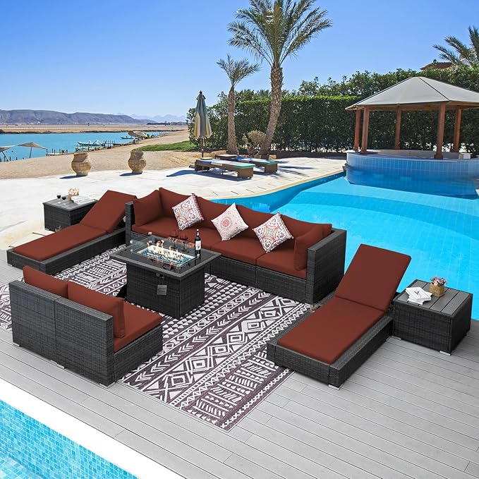 NICESOUL 11 Piece Outdoor Conversation Set with Firepit Propane/Gas, 29.3'' High Back Comfortable Patio Furniture Set w/Chaise Lounger, Large Deep Couches for Outside, 2 Color Cushion Burgundy & Gray