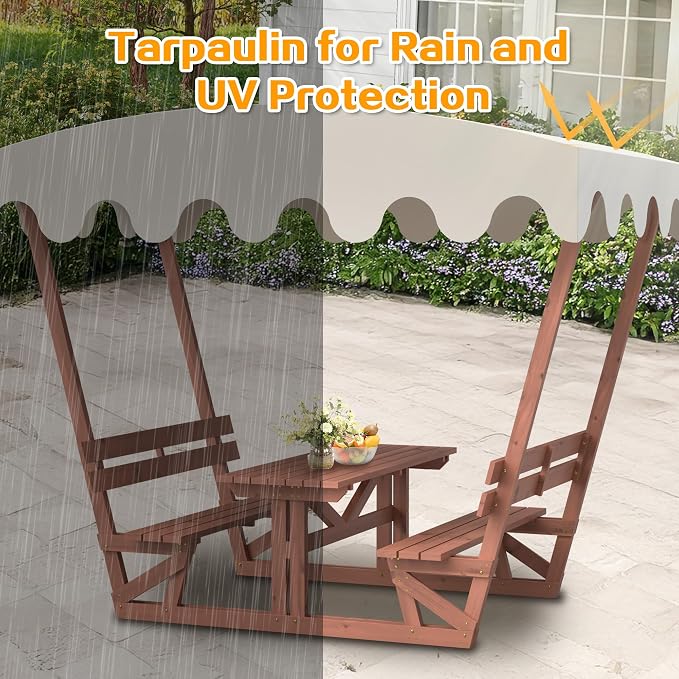 Outdoor Solid Wood Picnic Table with Bench Set & Removable Waterproof Canopy, All-Weather Commercial Camping Table for School, Patio Garden Deck Park Beach, Brown