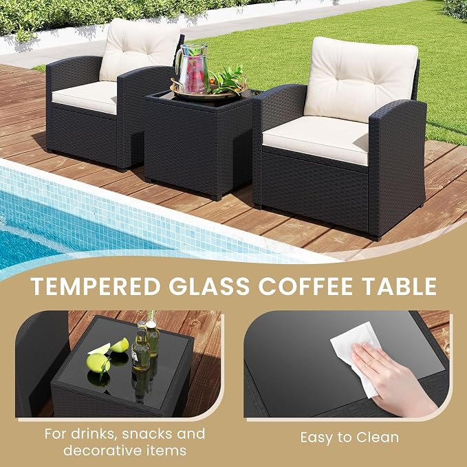ORALNER 3 Pieces Patio Furniture Set, Wicker Conversation Set Outdoor Chairs with Cushions, Glass Coffee Table, Rattan Bistro Set for Front Porch Balcony Garden Deck Poolside (White)