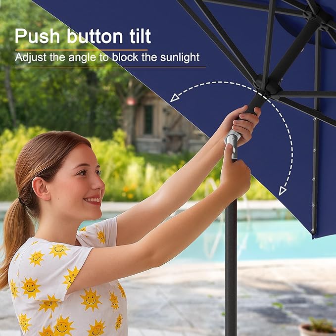 Rectangle Patio Umbrella with Solar Lights, 6x9ft Outdoor Rectangular Table Market Umbrella Patio with Push Button Tilt and Crank for Pool, Deck, Garden,Backyard