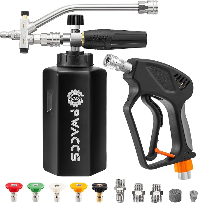 PWACCS Dual Foam Cannon with Pressure Washer Short Gun, 1.5 Liter | Car Wash Foam Gun Kit, Dual Connector Accessory, 1/4" Quick Connector, 5 Sprayer Nozzles, 5000 PSI