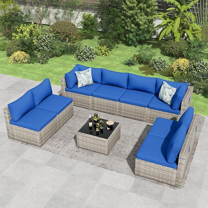 9 Piece Patio Furniture Set, Outdoor Wicker Patio Sofa Set, PE Rattan Sectional Couch with Glass Table and Blue Cushions, All-Weather 9 Piece Outdoor Patio Furniture Sets, Grey